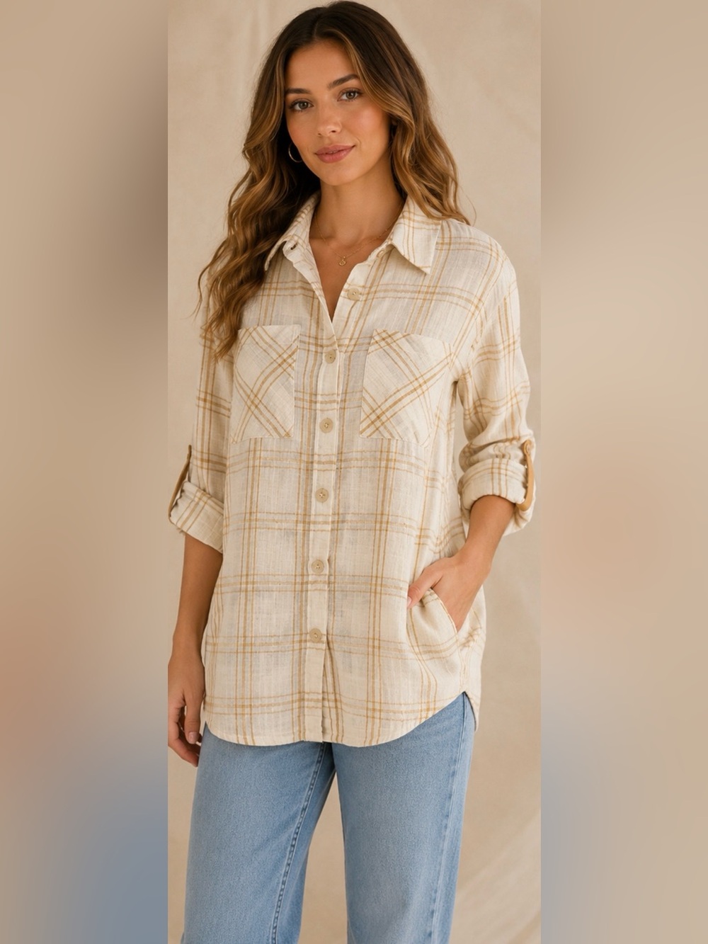 NWT Mystree Plaid Cotton Button Down Shirt Shacket Roll Tab Sleeves Small